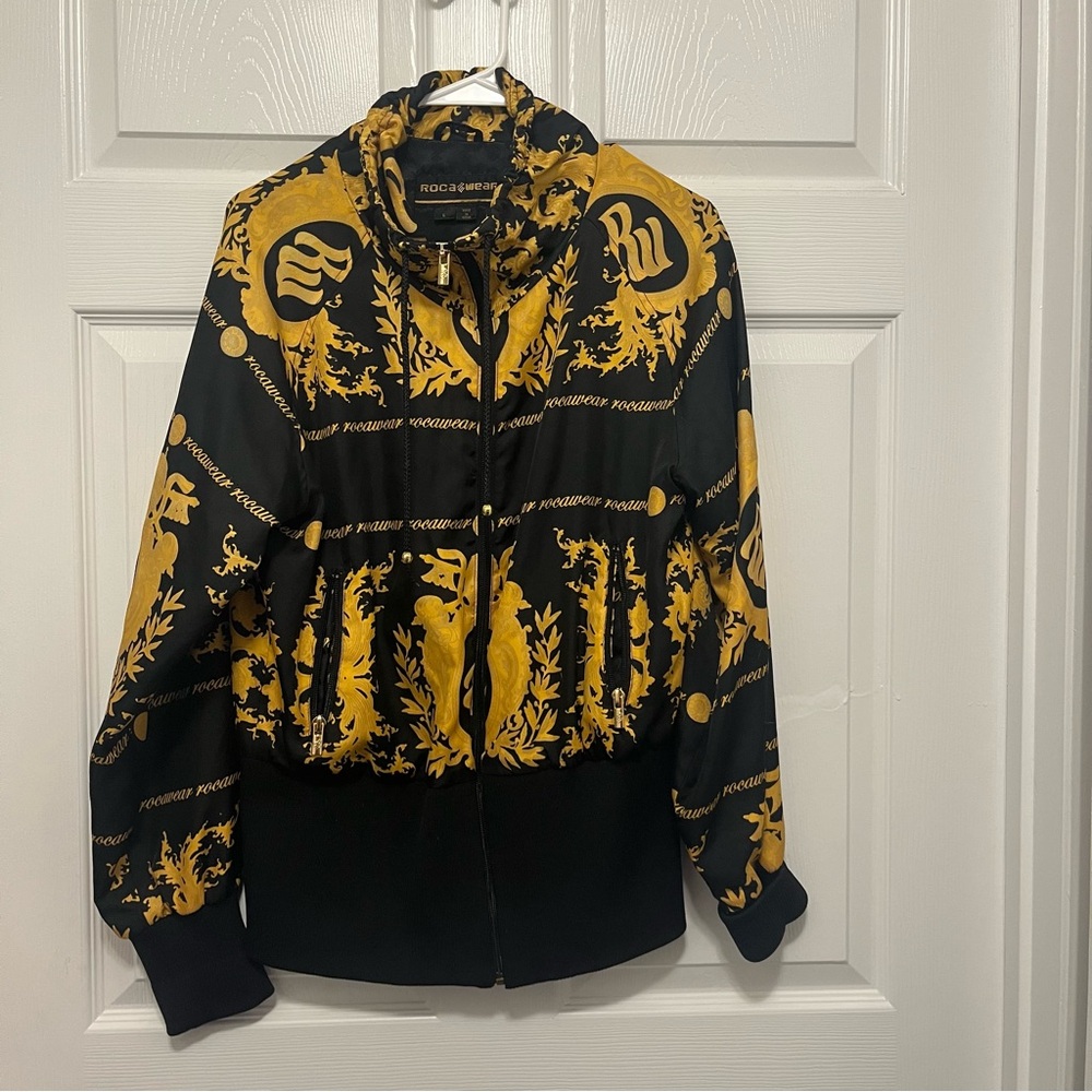 Y2K Rocawear Black and Gold Patterned Jacket